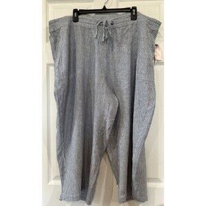 Per Se Cropped Blue White Linen Blend Striped Pants Drawstring Plus Size 3X